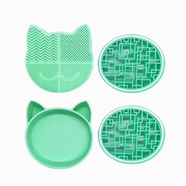 GOLDEN STRAWBERRY 2 PCS Cat Shaped Silicon Makeup Brush Cleaning Mat with Brush Drying Holder Brush Cleaner Mat Portable Cosmetic Brush Cleaner Pad (Green)