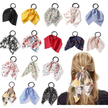 Hair Accessories with Bow 16 Style Hair Ties 2 in 1 Seamless Elastic Hair Rubber Bands Elastic Floral Ribbon Hair Scrunchie for Women's Ponytail Holders Girls(16PCS-01)