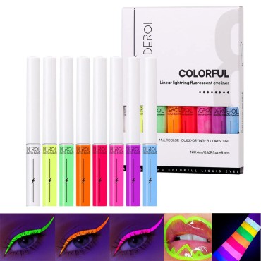 BONNIE CHOICE UV Glow Neon Liquid Eyeliner Set, 8 Colors Matte Colored Eyeliners Pen, Waterproof Smudge-proof Fluorescent Colorful Eyeline Face Body Paint Halloween Makeup Gift Kit