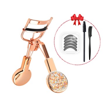 Upgraded Eyelash Curlers with Glittery Sequins Professional Eye Lash Curler with 5 Black Silicone Replacement Refills 1 Storage Box 1 Eyelash Comb Separator 1 Mascara Brush Rose Gold