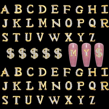 52pcs Gold Letters Nail Stud Alloy Rhinestone + 5p...