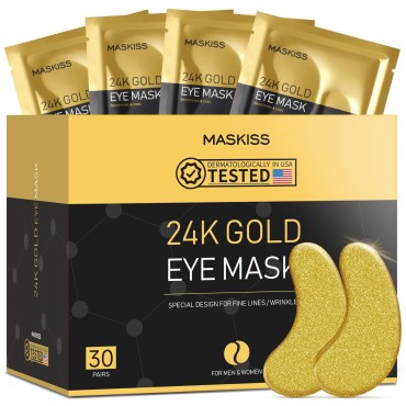 Maskiss 30-Pairs 24K Gold Under Eye Patches, Eye Masks for Dark Circles and Puffiness, Collagen Skin Care Products