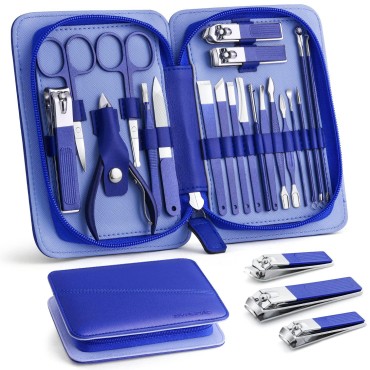 Manicure Set Professional Nail Clippers Pedicure Kit,20 in 1 Stainless Steel Hand/Foot Nail Care Tools Set,Portable Grooming Kit with Travel Case-Blue