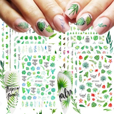 12 Sheets Summer Leaf Nail Art Stickers 3D Self-Ad...