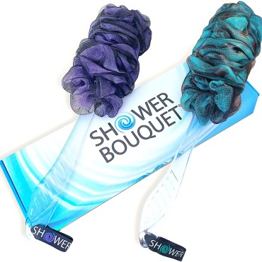 Loofah-Charcoal Back-Scrubbers Color-2-Pack-by-Shower-Bouquet: Long-Handle Bath-Sponge-Brushes with Extra Large Soft Mesh for Men & Women - Exfoliating Full Pure Cleanse in Bathing Accessories