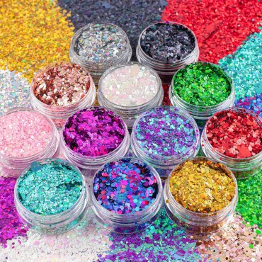 12 Colors of Holographic Chunky Glitter No Glue Attached, 12 Pots Total 120g Multi-Shaped for Body Hair Face Eyes Make-up, Nail Art and Bedazzling in Party/Concert/Events Glitter
