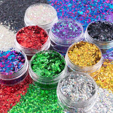 8 Colors of Holographic Chunky Glitter No Glue Att...