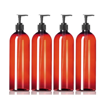 ljdeals 32 oz Amber Plastic Bottles with Pump, Soap Dispenser, Slim, Tall Squeezable Refillable Containers for Shampoo, Lotion, Cream and More… Pack of 4, BPA Free, Made in USA