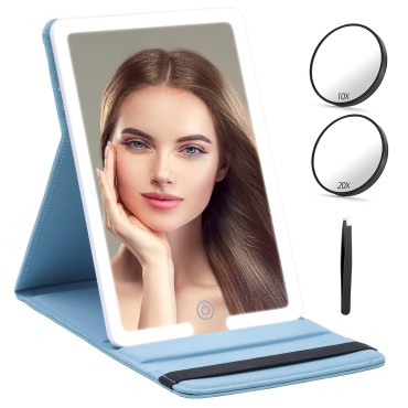 Travel Mirror with Light and Round 10X 20X Magnifying Mirror, PU Leather Travel Makeup Mirror with 3 Light Settings, Portable LED Lighted Makeup Mirror of 8 * 5.5inch, with 2000mAh (Set-Blue)