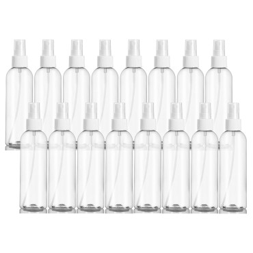 ljdeals 8 oz Clear Plastic Spray Bottles, Refillable Fine Mist White Sprayer Bottles for Essential Oils, Perfumes, Travel, Pack of 16, Made in USA