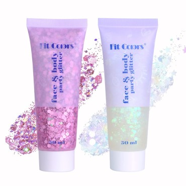 Face Glitter Gel, 2 Jars Holographic Chunky Glitter Makeup for Body, Hair, Face, Nail, Eyeshadow, Long Lasting and Waterproof Mermaid Sequins Liquid Glitter Total 6 Colors Available (Pink & White)