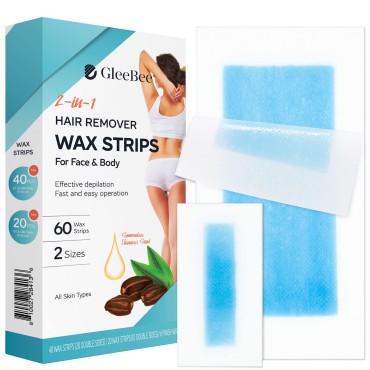 Gleebee Waxing Strips for Hair Removal including 40 Body trips and 20 Facial Strips for Face, Arms, Legs, Underarms and Bikini, 60 counts