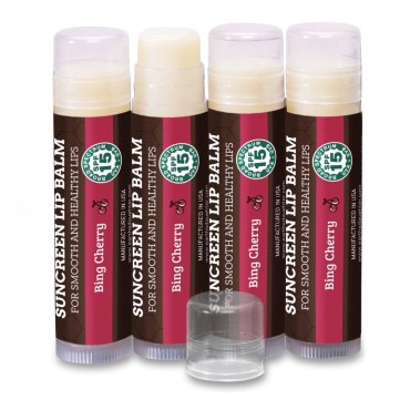SPF Lip Balm 4-Pack by Earth's Daughter - Lip Sunscreen, SPF 15, Organic Ingredients, Cherry Flavor, Beeswax, Coconut Oil, Vitamin E - Hypoallergenic, Paraben Free, Gluten Free