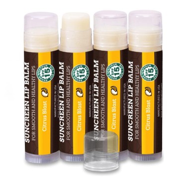 SPF Lip Balm 4-Pack by Earth's Daughter - Lip Sunscreen, SPF 15, Organic Ingredients, Citrus Flavor, Beeswax, Coconut Oil, Vitamin E - Hypoallergenic, Paraben Free, Gluten Free