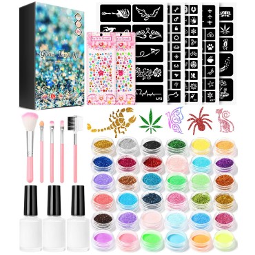 Temporary Glitter Tattoo Kit for Kids,30 Body Glitter,3 Glitter Glue,5 Sheets Tattoos Stencil,5 Pcs Makeup Brush,6 Fluorescent Powder,Rhinestone Stickers Perfect for Makeup,Holiday,Party,Nail Art