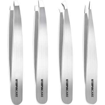 Utopia Care - Professional Stainless Steel Tweezers Set (4-Piece) - Precision Tweezers for Ingrown Hair, Facial Hair, Splinter, Blackhead and Tick Remover (Silver)