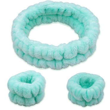 FROG SAC Spa Headband and Wristbands for Face Washing, Fuzzy Skincare Headbands for Women, Soft Makeup Skin Care Hair Accessories for Girls, Bubble Make Up Sleepover Party Supplies (Mint)