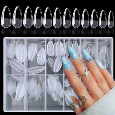 AddFavor 240pcs Almond Nail Tips Clear Full Cover Medium Length Short Fake Acrylic Gel X Nail Tips for Salon and Home Nail Art Manicure 12 Sizes