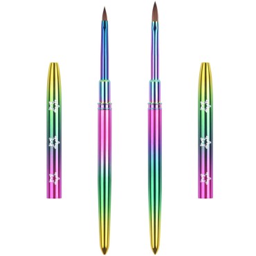 Ycyan 2Pcs Kolinsky Acrylic Nail Brush Set Rainbow Handle 3D Nail Art Brushes Size 2 & 4