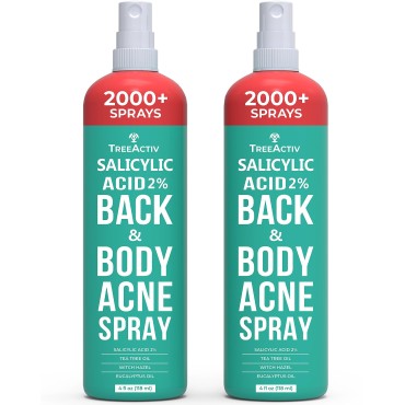 TreeActiv Salicylic Acid Back & Body Acne Spray, Back Acne Solution For Women And Men, Acne Body Spray with Tea Tree Oil, Fast-Drying Back Acne Spray, Fine Mist, Back Acne Treatment Spray, 4oz, 2-pack