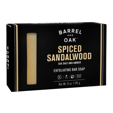 Barrel and Oak - Exfoliating Bar Soap, Men's Skincare Bar, Natural Exfoliator & Moisturizer, Certified Organic, Made with Sustainable Palm Oil, Kaolin Clay, & Olive Stone (Spiced Sandalwood, 6oz)