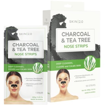 Skin 2.0 Tea Tree and Charcoal Nose Strips - Unclogs & Minimizes Pores, Removes Oil & Dirt, Black Head Remover Pore Strips - Cruelty Free Korean Skin Care For All Skin Types - 18 Strips