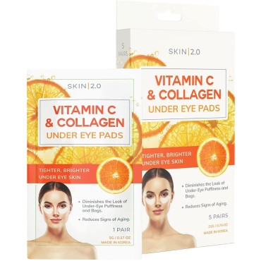 Skin 2.0 Vitamin C and Collagen Under Eye Patches - Brightens Dark Circles, Tightens Under Eye Skin, Anti-aging & Firming Under Eye Pads - Cruelty Free Korean Skin Care For All Skin Types - 5 Pairs
