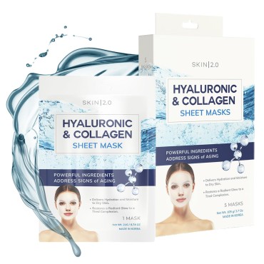Skin 2.0 Hyaluronic Acid and Collagen Sheet Face Mask - Boosts Moisture, Skin Firming, Reduces Signs of Aging, Hydrating Sheet Mask - Cruelty Free Korean Skin Care For All Skin Types - 5 Masks