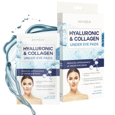 Skin 2.0 Hyaluronic Acid and Collagen Under Eye Patches - Anti-aging, Reduces Under Eye Bags & Wrinkles, Firming & Hydrating Under Eye Pads - Cruelty Free Korean Skin Care For All Skin Types - 5 Pairs