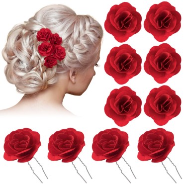 PAGOW 10pcs Rose Hair Clips, Pin Up Rose Flowers Hairpin Clips, Rose Flower Brooch Headpieces, For Women Girl Wedding Valentine Decoration ( Rose Diameter 1.5 inch / 38mm)