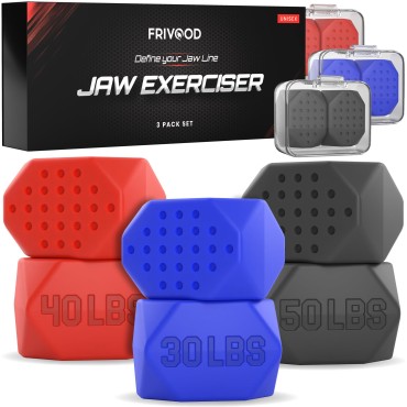 Jaw Exerciser For Men & Women By FRIVOOD- 6-Piece Silicone Jawline Exerciser Set For Defined Jawline- Jaw Toner Device With 3 Resistance Levels (Red, Navy Blue, Black)