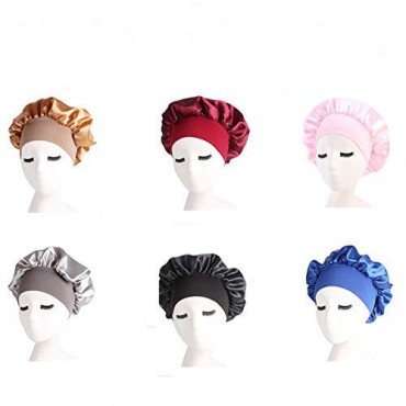 DEPHNARSA 6PCS Large Satin Bonnet Sleeping Caps Soft Elastic Wide Band for Women Hair Loss, Natural Curly Hair Braids (A-Large Solid)