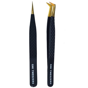 2pcs Black Straight and L-Shaped (Boot) Gold Pointed Eyelash Tweezers for Lash Extension - Stainless Steel Precision Tweezers for Volume and Classic Lashes - False Eyelash Extension Kit.