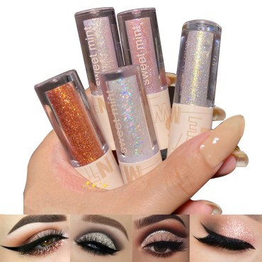 Aolailiya Liquid Loose Glitter Glue Eyeshadow Set, Sparkling Metallic High Pigmented Eye Shadow Korean Crystals Makeup, Long Lasting, Quick Drying, 5pcs