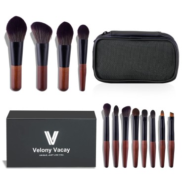 Velony Vacay Makeup Brushes Set, 12Pcs Travel Makeup Brush Set Premium Synthetic Eyeshadow, Contour, Blush, Concealer, Blending, Full Face Mini Makeup Brush Set With Case
