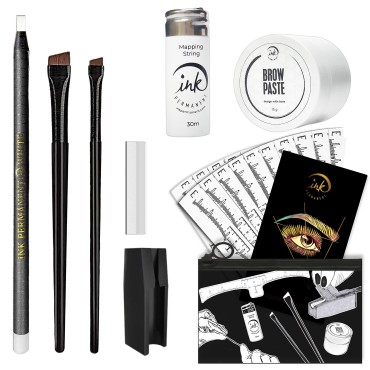 Eyebrow Mapping Kit with 30m White Mapping String, 15g White Brow Paste + 2 Eyebrow Brush Set, White Eyebrow Mapping Pencil, Pencil Shaper and Blades, 20 Mapping Ruler Stencils and Instructions ; Brow Mapping Set for Microblading, Henna, Brow Extensions, 