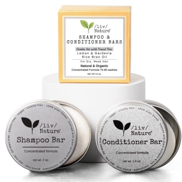 /liv/ Nature Shampoo Bar and Conditioner Set with Travel Case | For Dry Hair | Lemon & Gardenia with Organic Essential Oils | Natural | Vegan | Eco Friendly Gift | Travel Essentials | USA (2-pack)