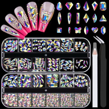 18 Styles Multi-shaped Glass Gemstones for Nails and 6 Sizes Round Crystal Rhinestones Kit #1, Iridescent AB Nail Art Charm Bead Manicure Decoration with Pickup Pencil and Tweezer