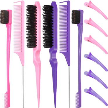 12 Pieces Hair Brush Set, Nylon Teasing Hair Brushes 3 Row Salon Teasing Brush, Double Sided Hair Edge Brush Smooth Comb Grooming, Rat Tail Combs with Duckbill Clips for Women Girls (Pink, Purple)