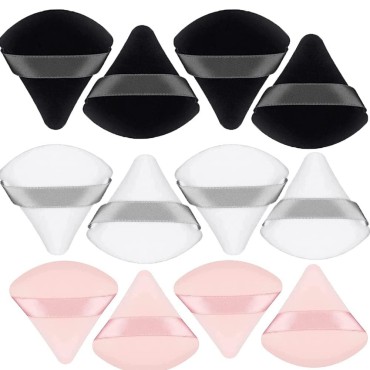 12 Pieces Makeup Powder Puff Face Triangle Makeup Puff Portable Soft Velour Beauty Cotton Powder for Face Body Foundation Loose Powder Cosmetic Tools with Ribbon Band Handle (Black,White,Pink)