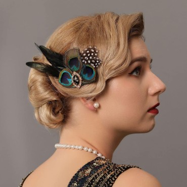 GORTIN Peacock Feather Hair Clip 1920s Flapper Headpiece Great Gatsby Feather Headbands Rhiestones Art Deco Head Pin Roaring 20s Headwear Party Flapper Hair Accessories For Women and Girls (Type A)
