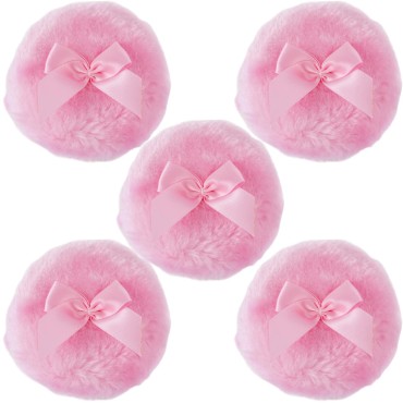 3.23 Inch 5pcs Round Powder Puff For Face Cosmetic, PAGOW Body Powder Makeup Puffs, Larg Loose Face Powder Pufff, Washable Fluffy Soft Body Powder Sponge Makeup Tools With Ribbon Bow, Pink ( Thickness :1.15 Inch )