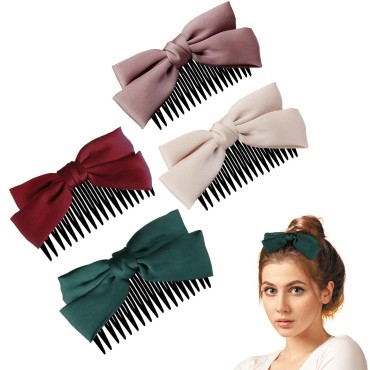 XieNie 4PCS Hair Clips with Ribbon Bow, Hair Side Pin Combs For Girls Women, Hair Accessories