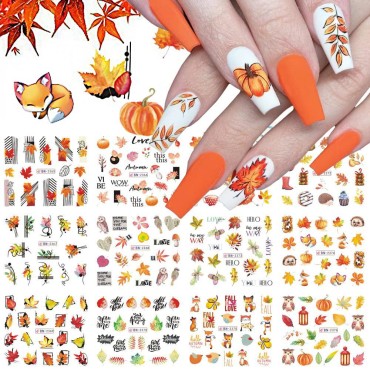 12Sheets Fall Nail Stickers Autumn Maple Leaf Pump...