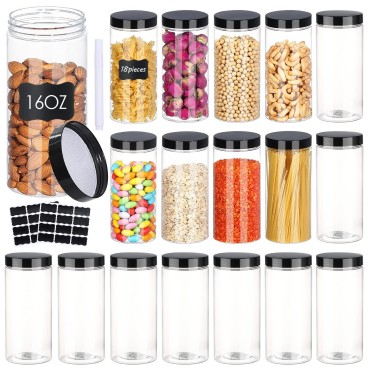 18PCS 16OZ Plastic Jars with Screw On Lids, Pen an...