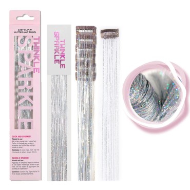 Pack of 6Pcs Clip in Hair Tinsel Kit, 19.6 Inch Heat Resistant Glitter Tinsel Hair Extension with Clips on, Fairy Hair Sparkle Strands Festival Gift Party Dazzle Hair Accessories for Women Girls Kids (SILVER)