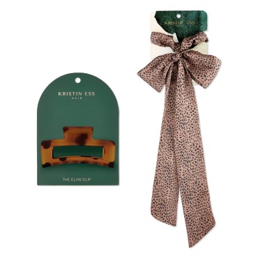 Kristin Ess The Scrunchie + Scarf Set - Cheetah + The Claw Clip Set + Hair Accessories for Women + Girls + Strong Hold Claw Clip, Nonslip Satin Scrunchie, Elastic Hair Tie - Multi-Colored