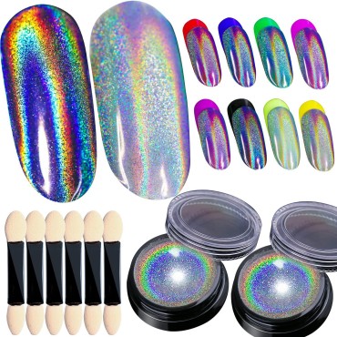 2 Jars Holographic Nail Powder for Nails Chrome Nail Powder Rainbow Unicorn Mirror Effect Glitter Dust Multi Manicure Pigment Nail Art DIY Deco with 6PCS Sponge Toos