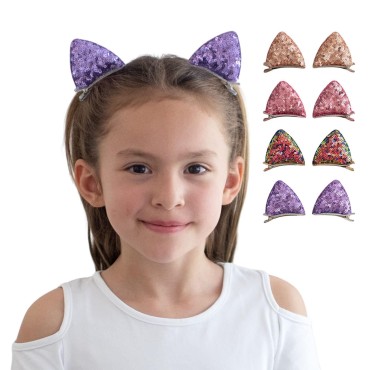 Summer Crystal 8Pcs Sequins Cat Ears Hair Clips - For Girls and Women - Kitty Ears Clips - Stylish Hair Accessory for Birthdays, Costumes, Halloween, Holidays, and Parties (4 Pairs CFHL)