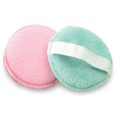 S&T INC. Gentle Face Scrubbers, Dual Sided Face Exfoliators with Elastic Strap, 3.3 Inch Diameter, 2 Pack, Teal/Pink